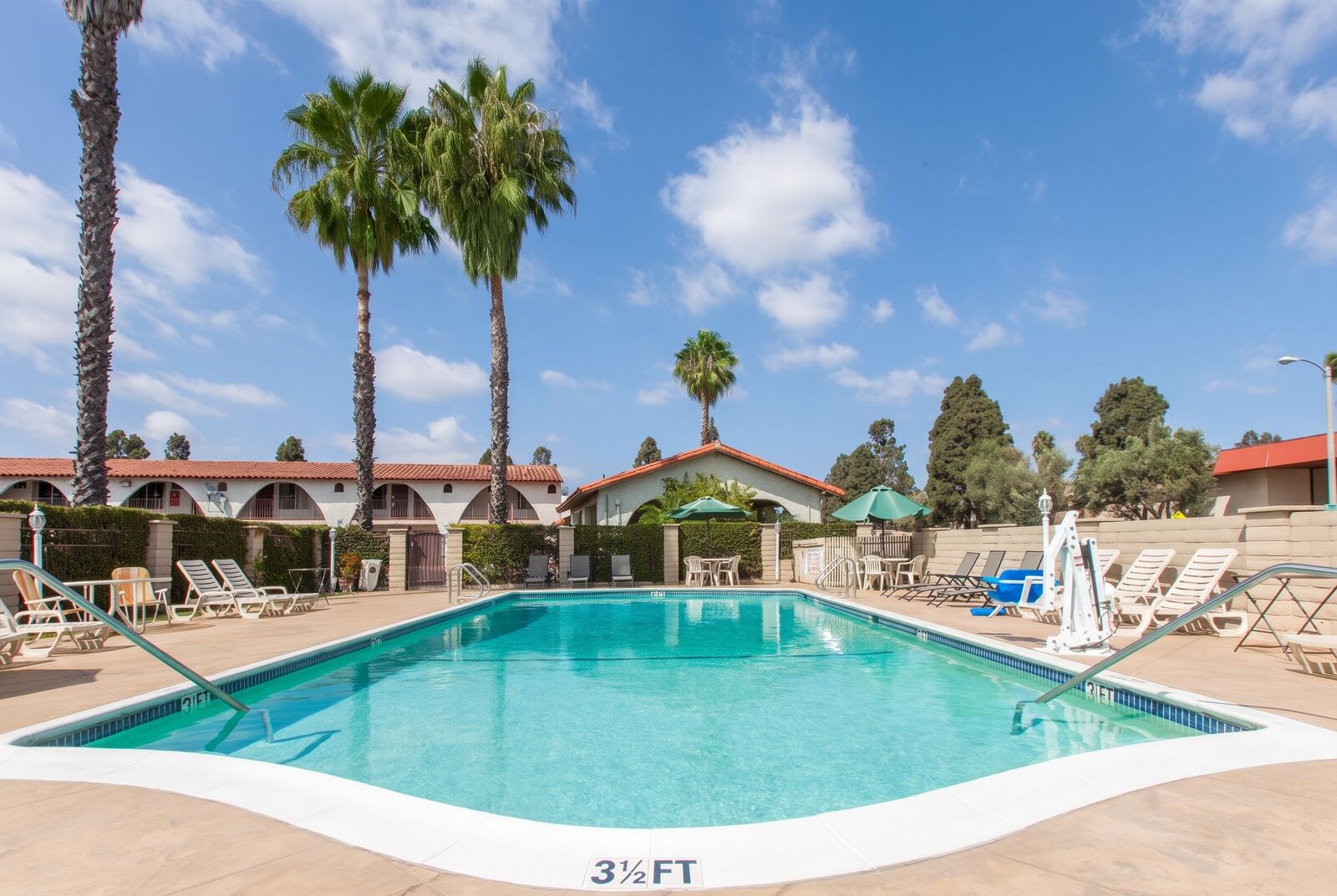 Outdoor pool surrounded by lounge chairs and palm trees under a blue sky